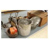 Wooden crates with lantern, buckets, advertising,