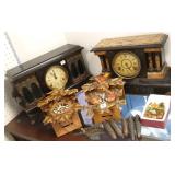 2- antique mantle clocks & 3 cuckoo clocks
