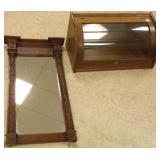 Small oak display case 27" & a carved mirror