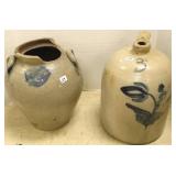 2 pieces early blue decorated stoneware (1 as is)