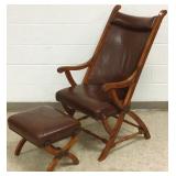 Upholstered campaign style chair & ottoman