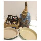 2 LeCrueset casseroles, large signed pottery lamp