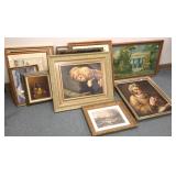 Group vintage framed items, deco litho, oil