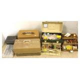 Group fishing tackle boxes with assorted tackle,