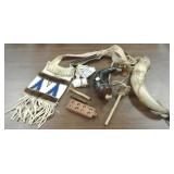 Powder horn, bugle, beaded possibles bag,