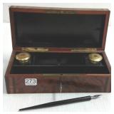 Antique calligraphers box with inkwells, pen & key
