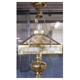 Brass kerosene hanging fixture with slag glass