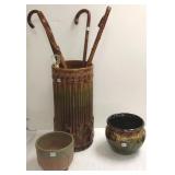 Pottery umbrella stand with canes, etc & 2