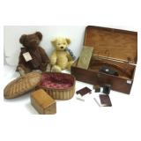 Group including teddy bears, wood box, hangers,