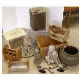 Group including milk box, pottery, wood items,