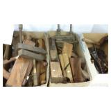 Large group of antique tools, wood planes, monkey