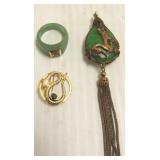 14K snake pin, jade ring & oriental pendant