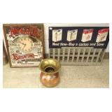 Vintage tin cigarette holder, a Miller sign &