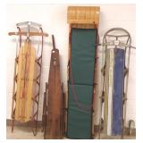 LL Bean toboggan & 3 antique sleds