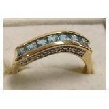 10K gold ring set with diamonds & blue topaz