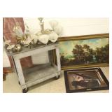 2 hanging light fixtures & 2 framed prints