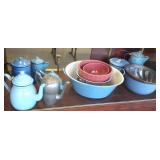 Group of assorted graniteware, copper mold, etc.