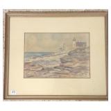 Framed signed S. Thornton lighthouse watercolor