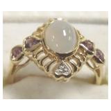 10K gold ring set with chalcedony, amethyst &