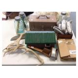 Group including antlers, machete, lures, birdhouse