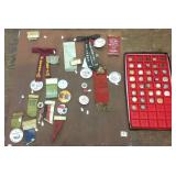 Group advertising pinback buttons, ribbons, etc