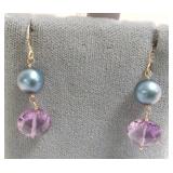 Pair of 14k drop earrings set with amethyst &