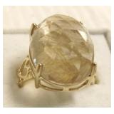 10k ring set with large faceted rudilated quartz