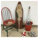 Group of Santa items, chair, snoman shovel, etc