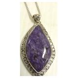 Large sterling pendant on chain set with charoite