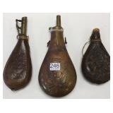2 antique shot flasks - 1 brass & 2 leather