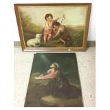 Framed signed oil on board - children with sheep