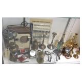 Group including projector, candlesticks, brass