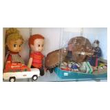 Group including early football helmet, dolls,
