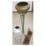 Large brass planter, iron stand, shelf & mother