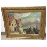 Framed signed Gruppe oil on canvas - harbor scene-
