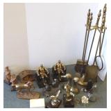 Group of bookends, metal items, fireplace tools,