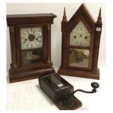 2 antique clocks & a wall coffee grinder