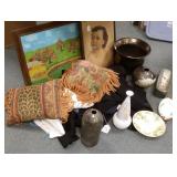 Group including studio pottery, 2 framed items,