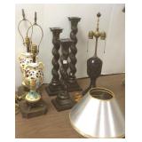 3 tall brass candlesticks- 24" to 30" & 3 lamps