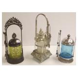 3 pickle castors with colored glass inserts