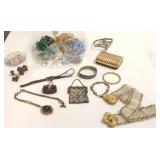 Group of vintage jewelry, doll purse, porcelain,