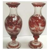 2- 14" antique etched Bohemian vase with stag