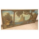 54" framed Deco triptych- panoramic scene