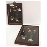 2 hardstone & coral, etc Oriental plaques 10"x 14"