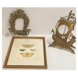 Ornate brass dresser frame, brass wall sconce,