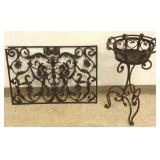 Wrought iron plantstand & a metal griffin motif