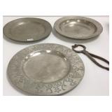 3 antique pewter plates & a sugar nipper