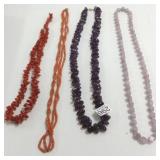 4 bead necklaces including amethyst, coral, etc.