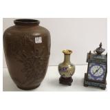 11" Oriental bronze vase, cloisonne mantle clock &