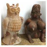 Owl decanter & a garden figure